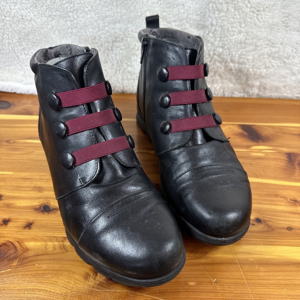 Fluchos F0352 black leather ankle boots  red elastic straps Sz38 RARE‎ Goth Dark